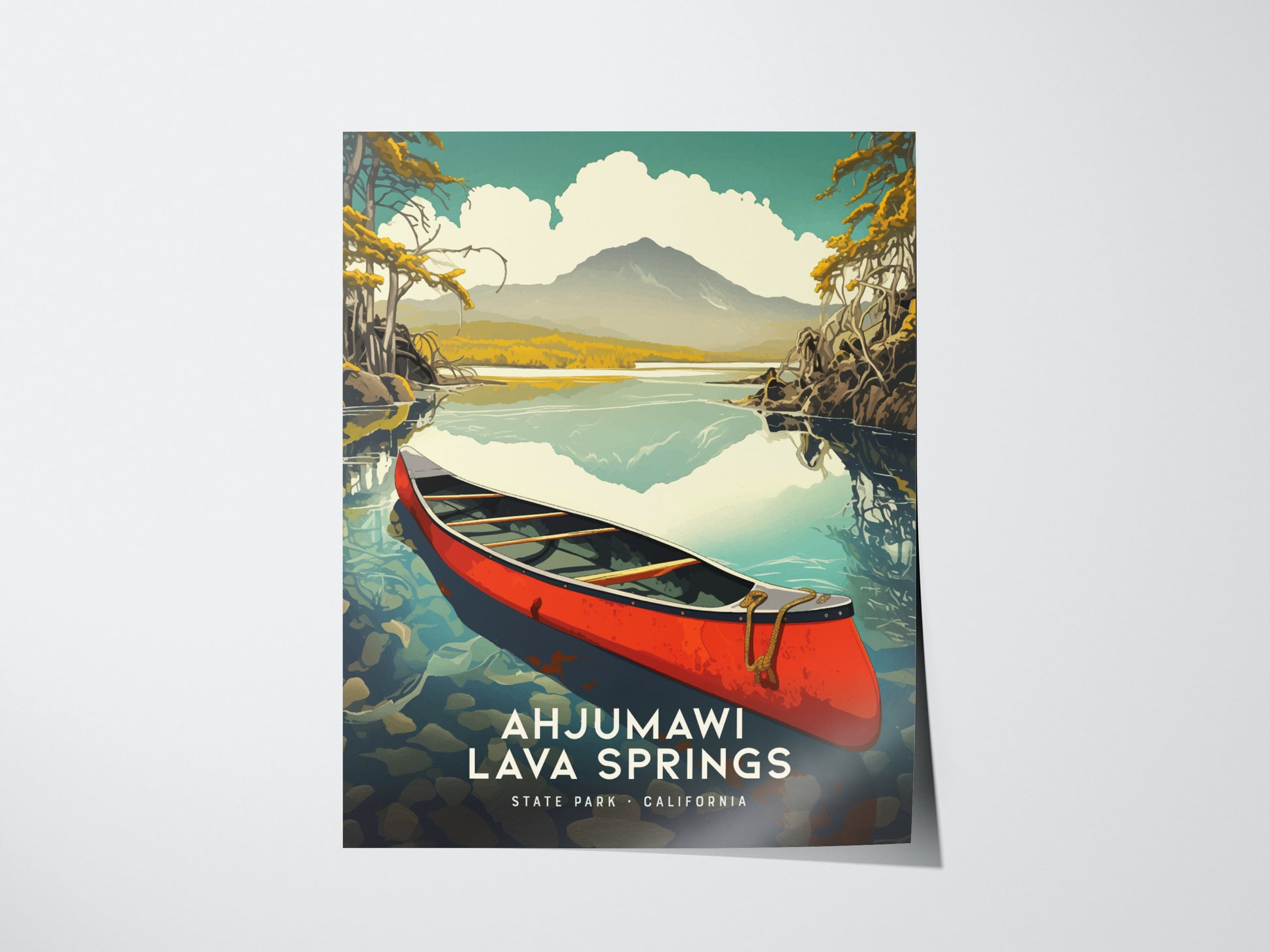 A colorful poster of Ahjumawi Lava Springs features a red canoe on calm water, surrounded by trees and mountains in the background under a blue and cloudy sky.