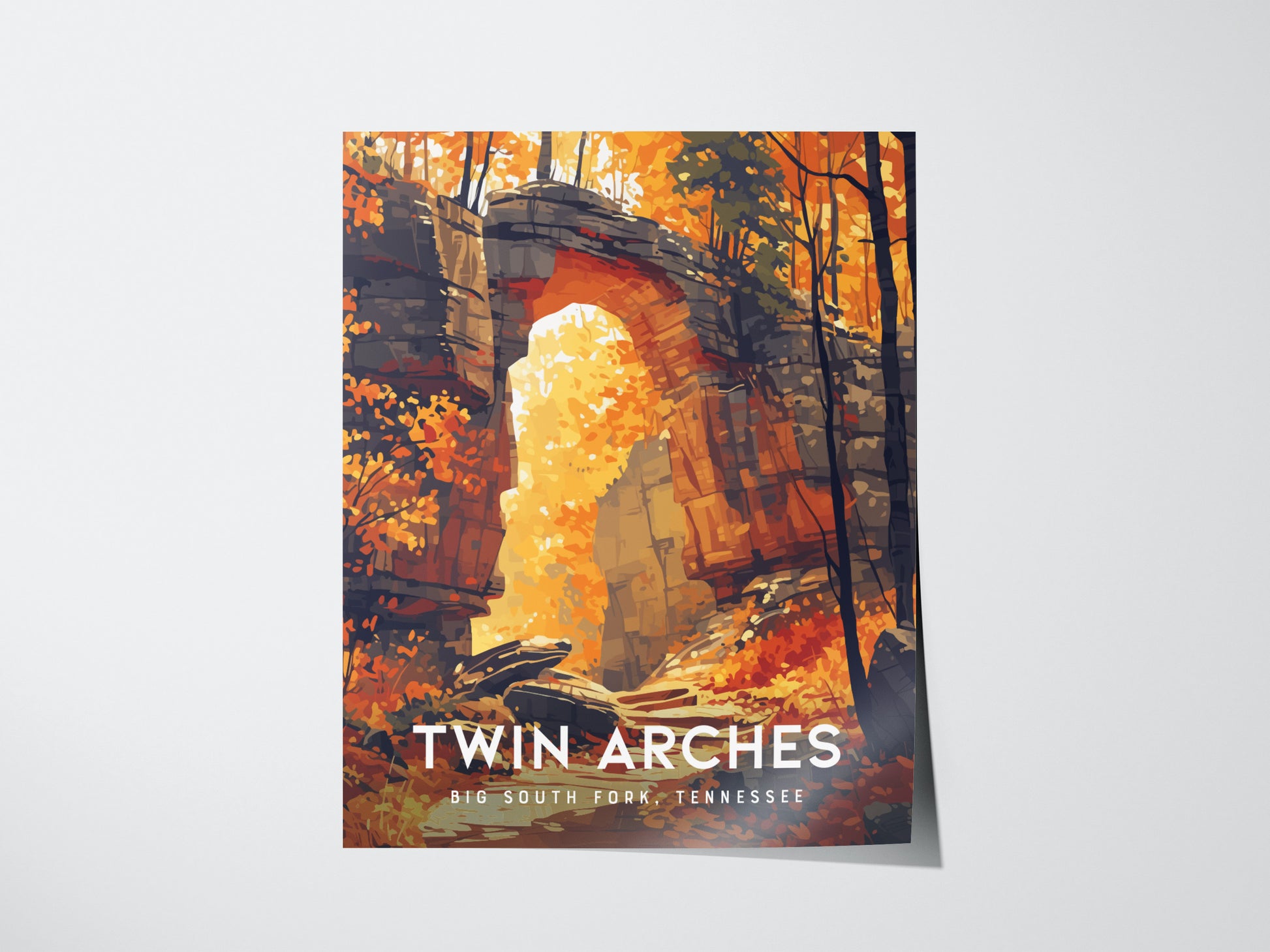 A vibrant poster of Twin Arches in Big South Fork, Tennessee, features towering sandstone arches framed by lush autumn foliage in warm hues of orange and yellow.