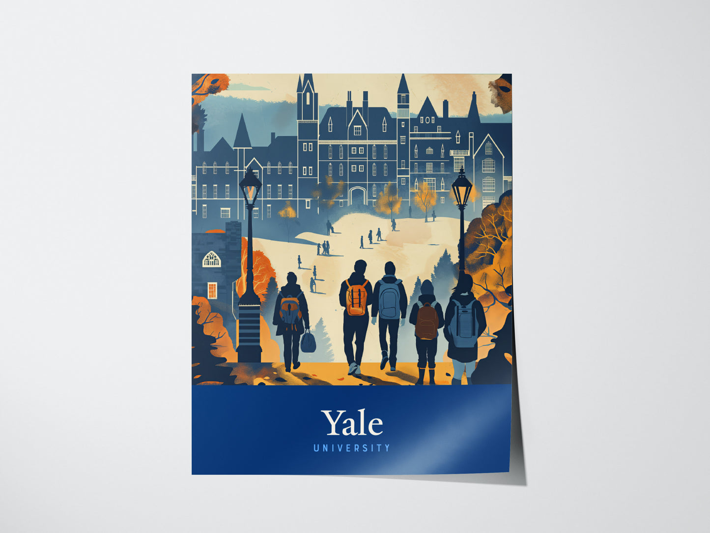 Illustrated poster of Yale University features students walking toward a Gothic-style campus building, surrounded by autumn trees, with Yale University written at the bottom in blue.