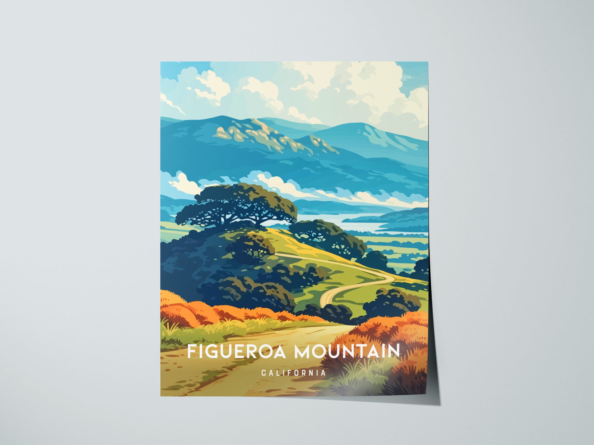 A vibrant illustrated poster of Figueroa Mountain in California showcases sweeping green hills and a blue sky dotted with fluffy white clouds.