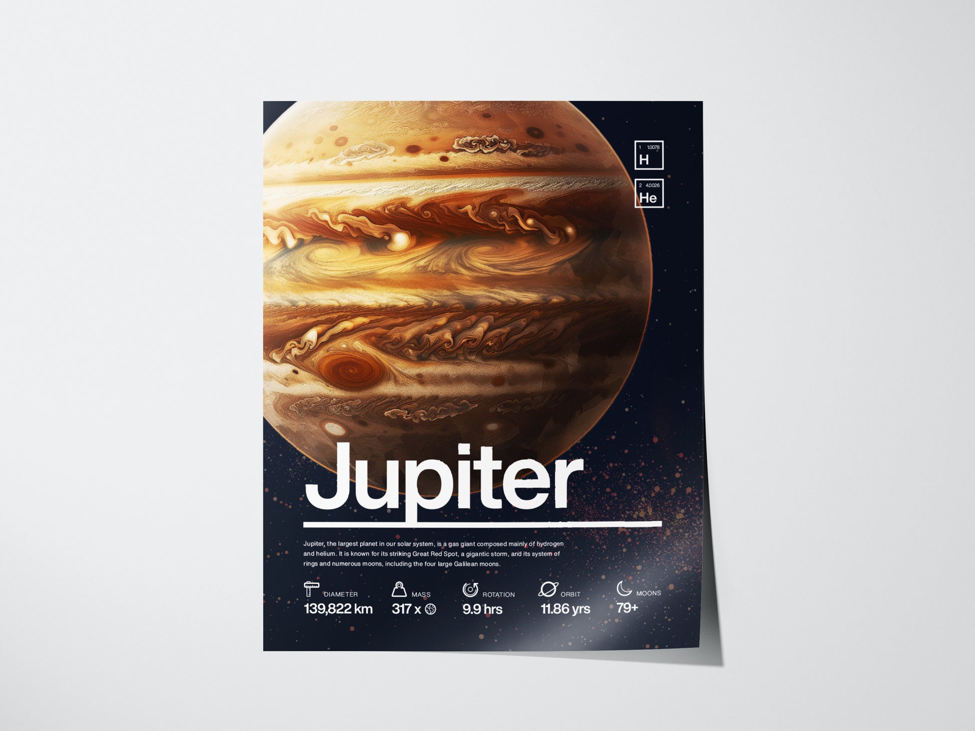 A detailed Jupiter poster featuring its swirling bands and Great Red Spot against a dark background. Text includes planet statistics and elements like hydrogen and helium are highlighted.