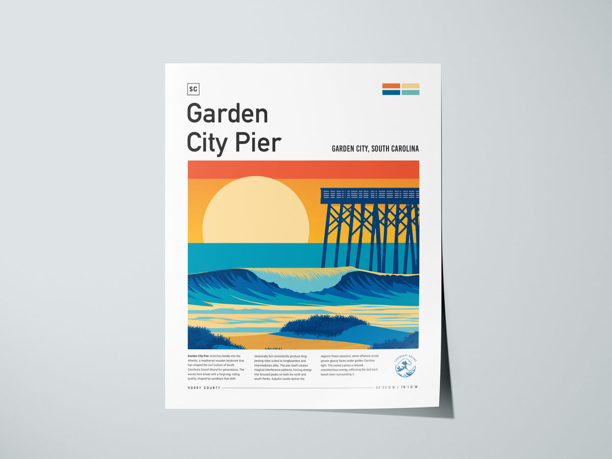 Garden City Pier, Garden City, South Carolina Poster | Surf Waves & Coastal Pier Wall Art — giclée print detail on matte pape