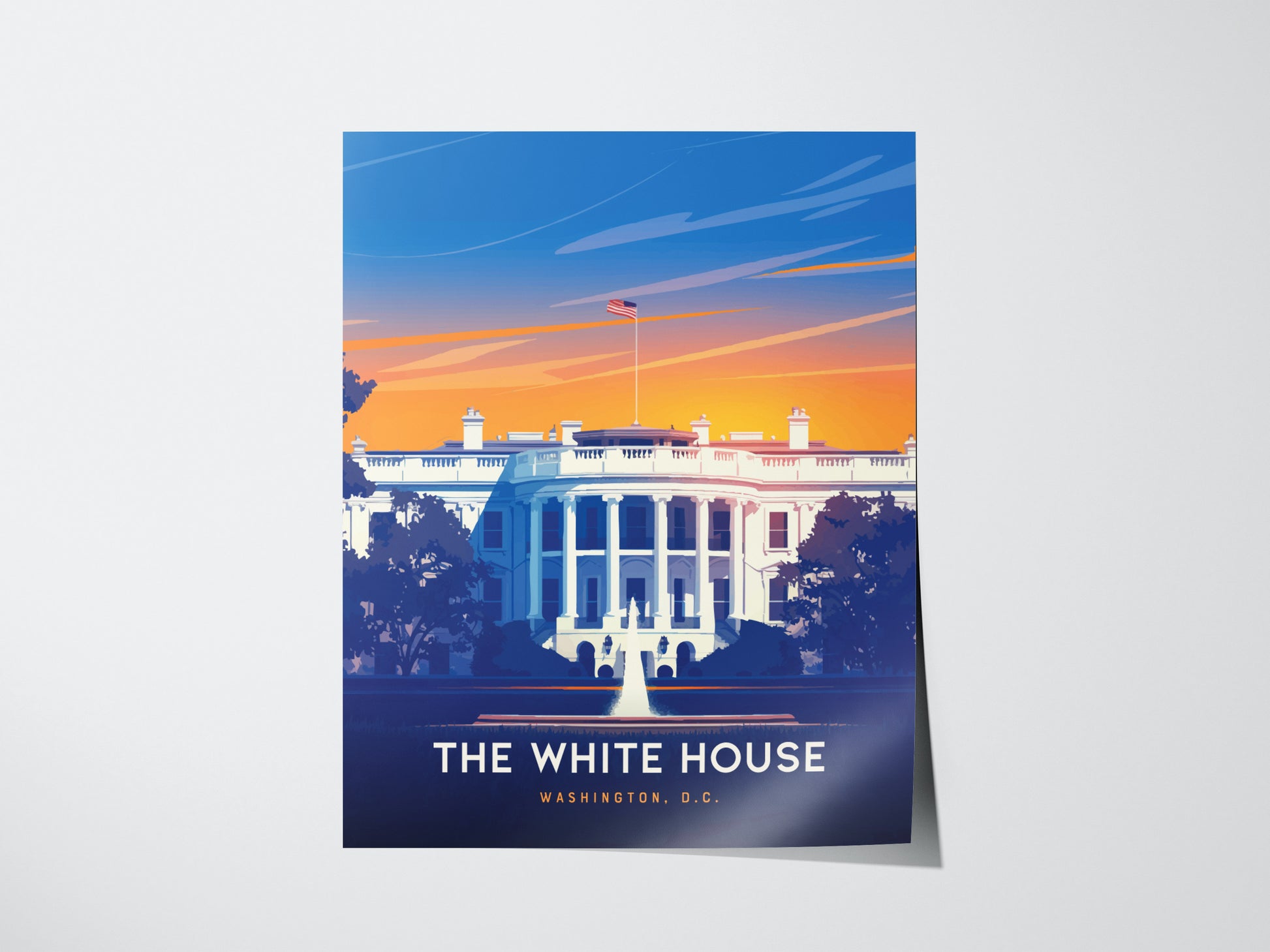 A vibrant poster of the White House in Washington, D.C., featuring neoclassical architecture against a colorful sunset sky with bold, minimalist design elements.