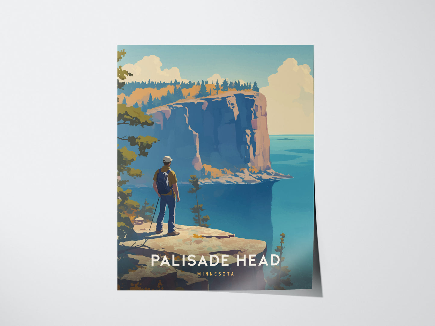 A person stands on a cliff overlooking dramatic cliffs and a vast blue lake under a partly cloudy sky. The poster reads Palisade Head Minnesota at the bottom.