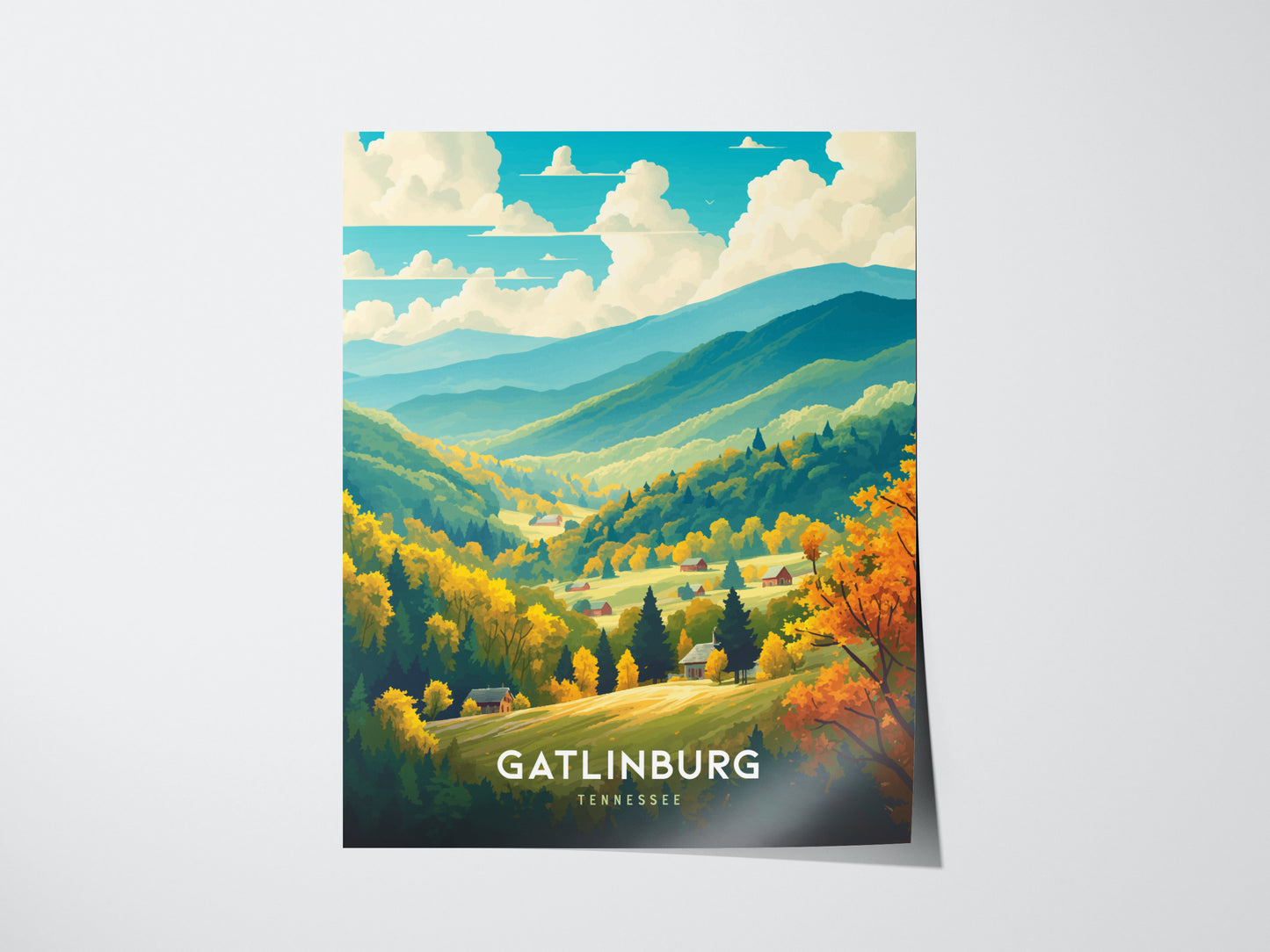 A colorful poster depicts the lush, rolling hills of Gatlinburg, Tennessee, with vibrant autumn foliage and a bright blue sky. The text Gatlinburg, Tennessee is visible at the bottom.