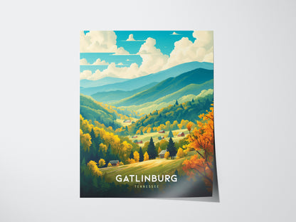 A colorful poster depicts the lush, rolling hills of Gatlinburg, Tennessee, with vibrant autumn foliage and a bright blue sky. The text Gatlinburg, Tennessee is visible at the bottom.