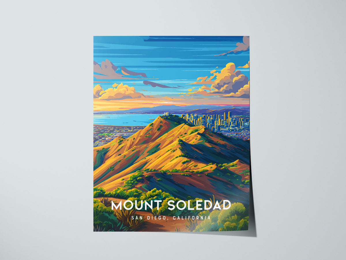 Mount Soledad, California Poster | Cross & Coastline Panoramic View Wall Art — giclée print detail on matte paper
