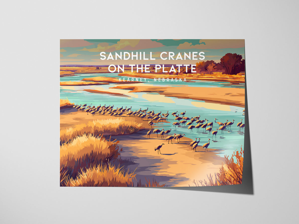 Sandhill Cranes on the Platte Landscape Poster | Kearney, Nebraska Vacation Wall Art — giclée print detail on matte paper