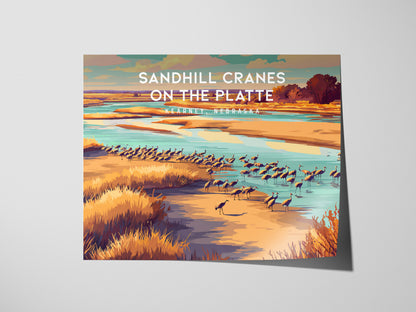 Sandhill Cranes on the Platte Landscape Poster | Kearney, Nebraska Vacation Wall Art — giclée print detail on matte paper