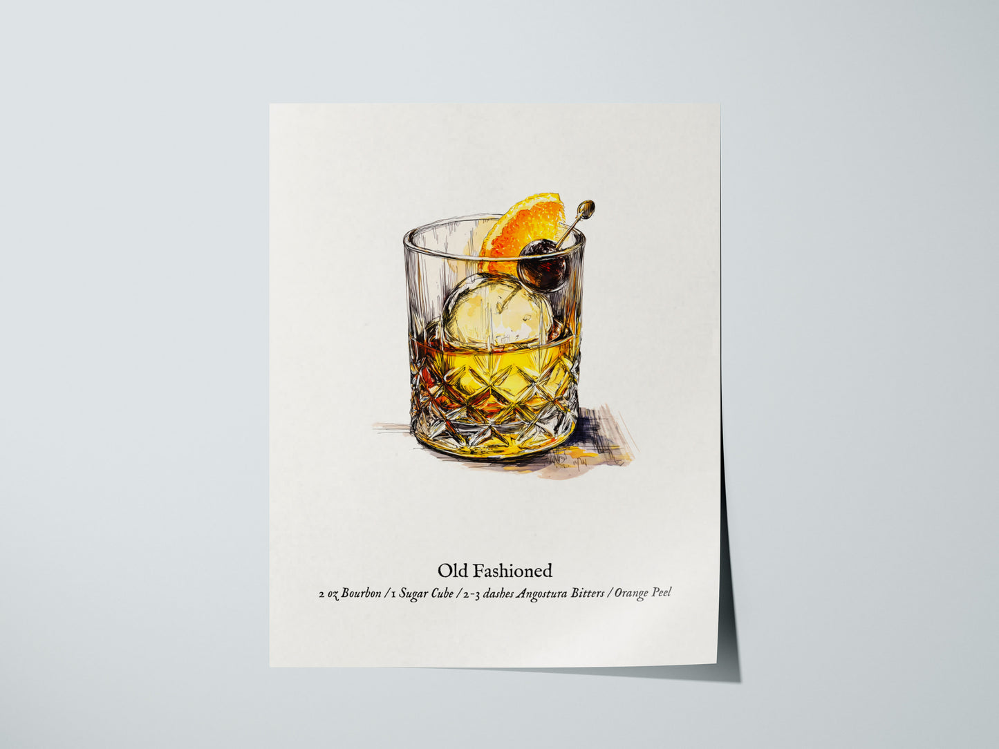 Old Fashioned Cocktail Poster | Vintage Pen & Ink Scientific Illustration Wall Art — giclée print detail on matte paper
