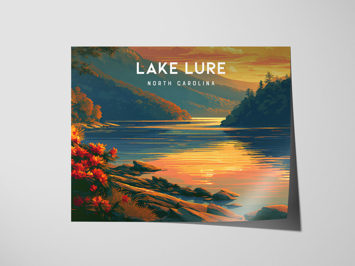 Lake Lure, North Carolina Landscape Poster | Blue Ridge Travel Gift Wall Art — giclée print detail on matte paper