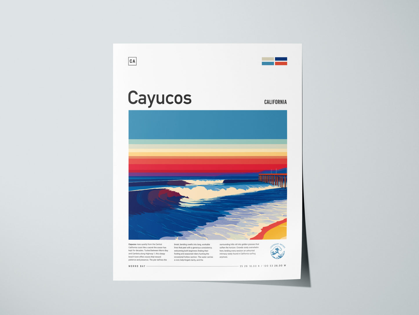 Cayucos, California Poster | Sun-Soaked Surf Town Coastal Wall Art — giclée print detail on matte paper