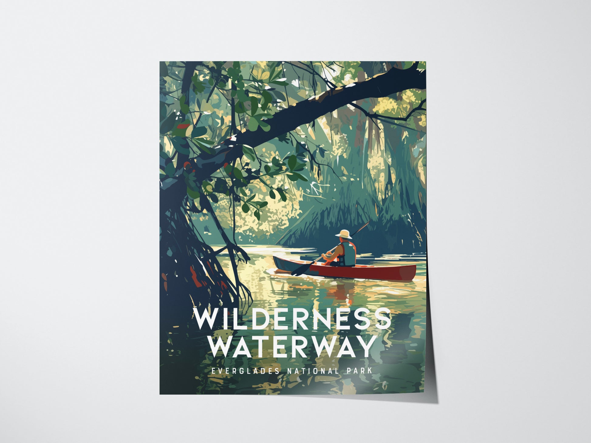 A poster titled Wilderness Waterway depicts a person paddling a canoe through serene water surrounded by dense mangrove foliage in Everglades National Park.