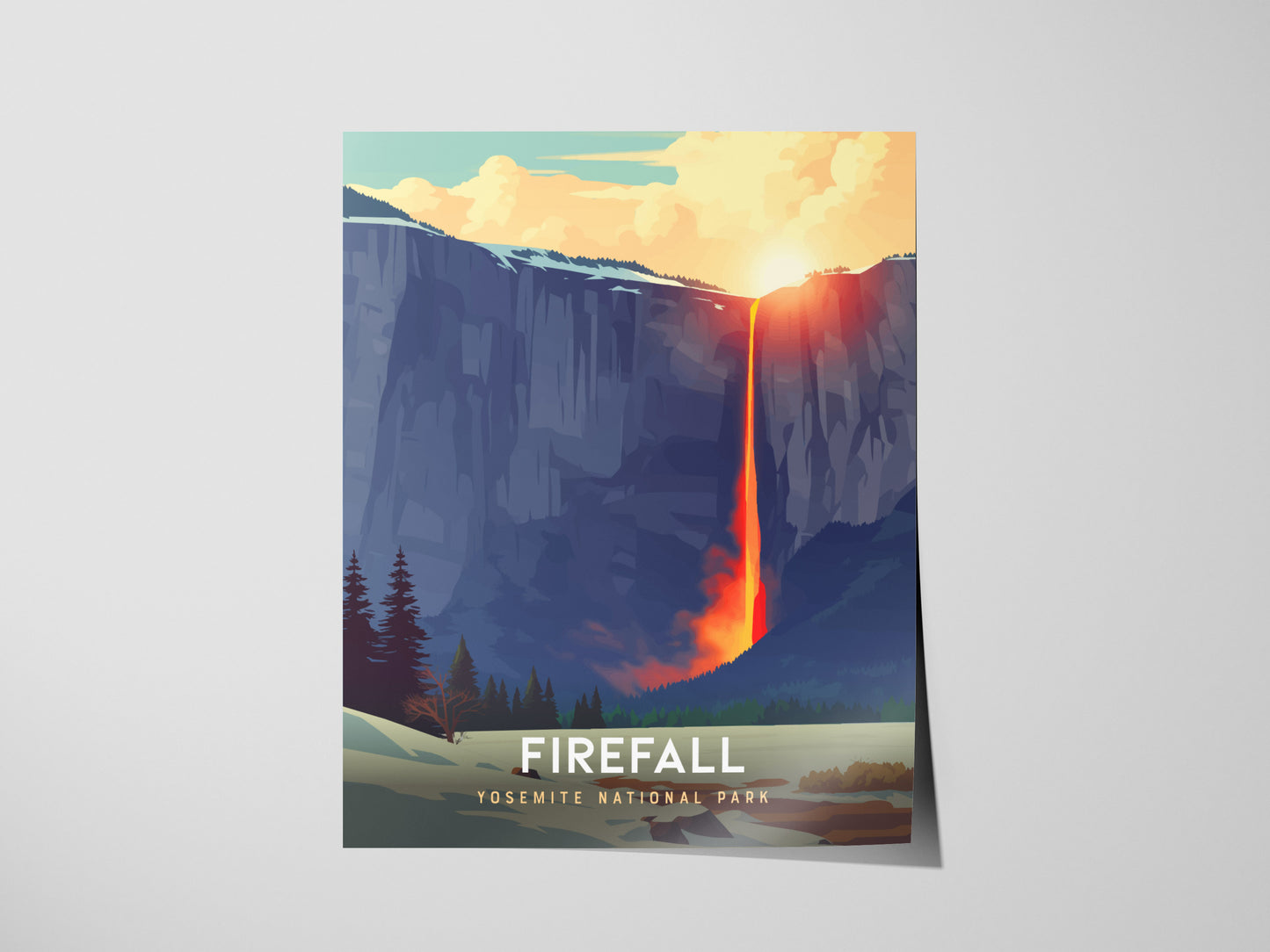 Poster of Yosemite National Park's Firefall with a mountain and sunset.