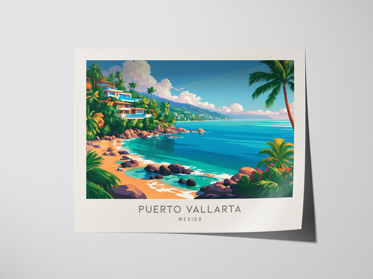Puerto Vallarta Landscape Matte Border Poster | Mexico Coastal Beach Decor Framed or Unframed — giclée print detail on matte