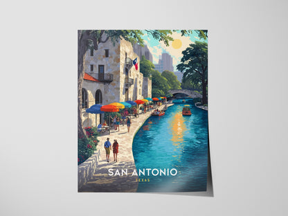 Colorful illustration of San Antonios River Walk with vibrant umbrellas lining the riverbank, a stone building, and a boat on the water under a bright sun.