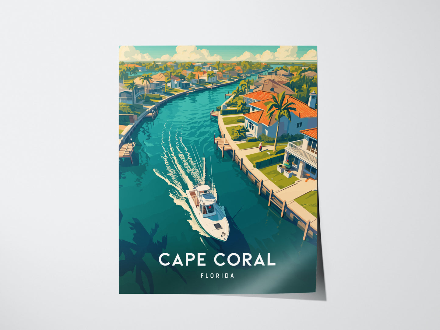 Illustrated poster of Cape Coral, Florida, showing a boat navigating a canal lined with tropical homes and palm trees under a bright sky.
