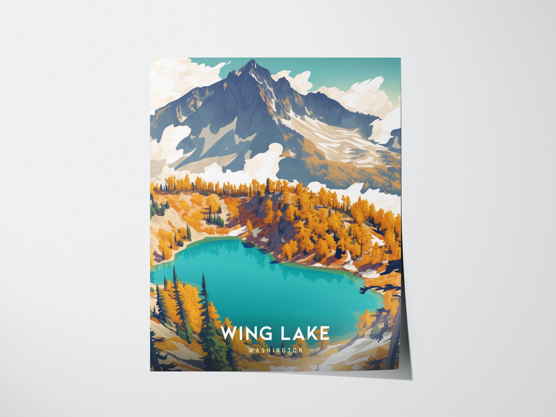 Illustrated poster of Wing Lake, Washington, featuring turquoise alpine water surrounded by golden autumn trees and snow-capped mountains under a blue sky. Text reads Wing Lake Washington.