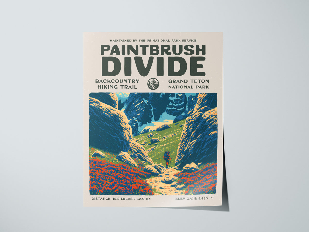 Paintbrush Divide, Grand Teton National Park Poster | Hiker Gift | Backcountry Trail Wall Art — giclée print detail on matte