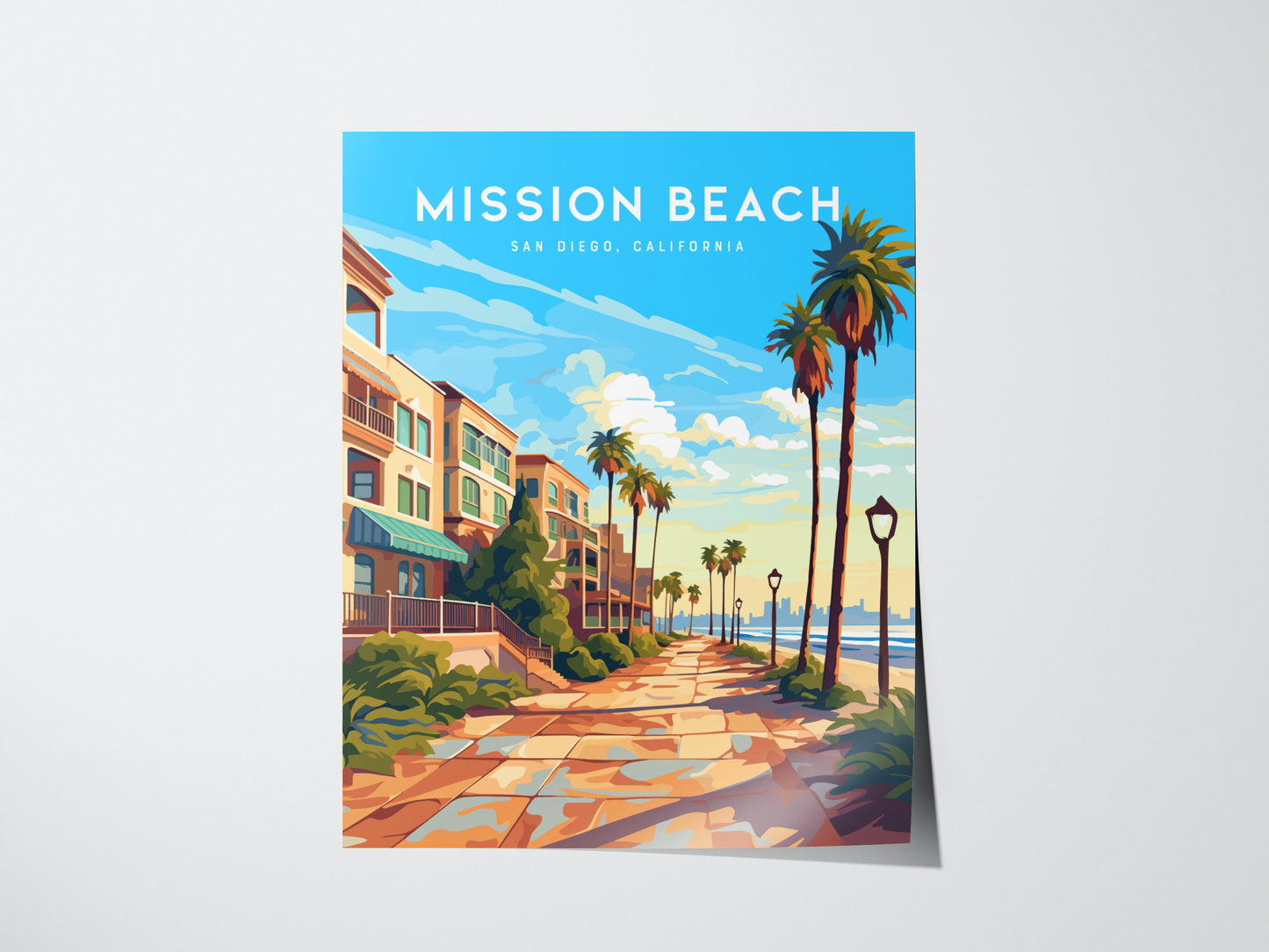 A vibrant poster of Mission Beach, San Diego, featuring a sunny boardwalk lined with palm trees, colorful buildings, and a view of the ocean under a bright blue sky.