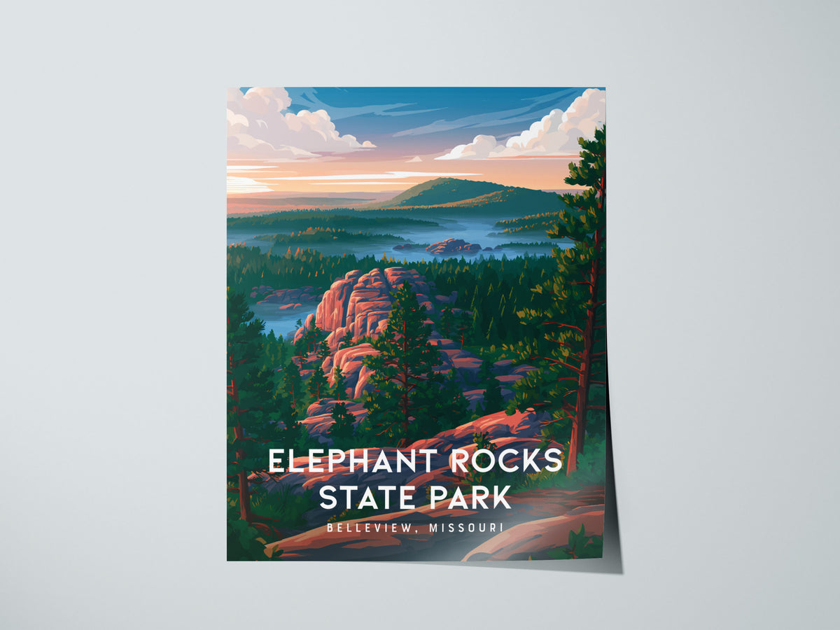 Elephant Rocks State Park, Belleview, Missouri Poster | Ancient Granite Boulders Travel Wall Art — giclée print detail on mat