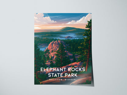 Elephant Rocks State Park, Belleview, Missouri Poster | Ancient Granite Boulders Travel Wall Art — giclée print detail on mat
