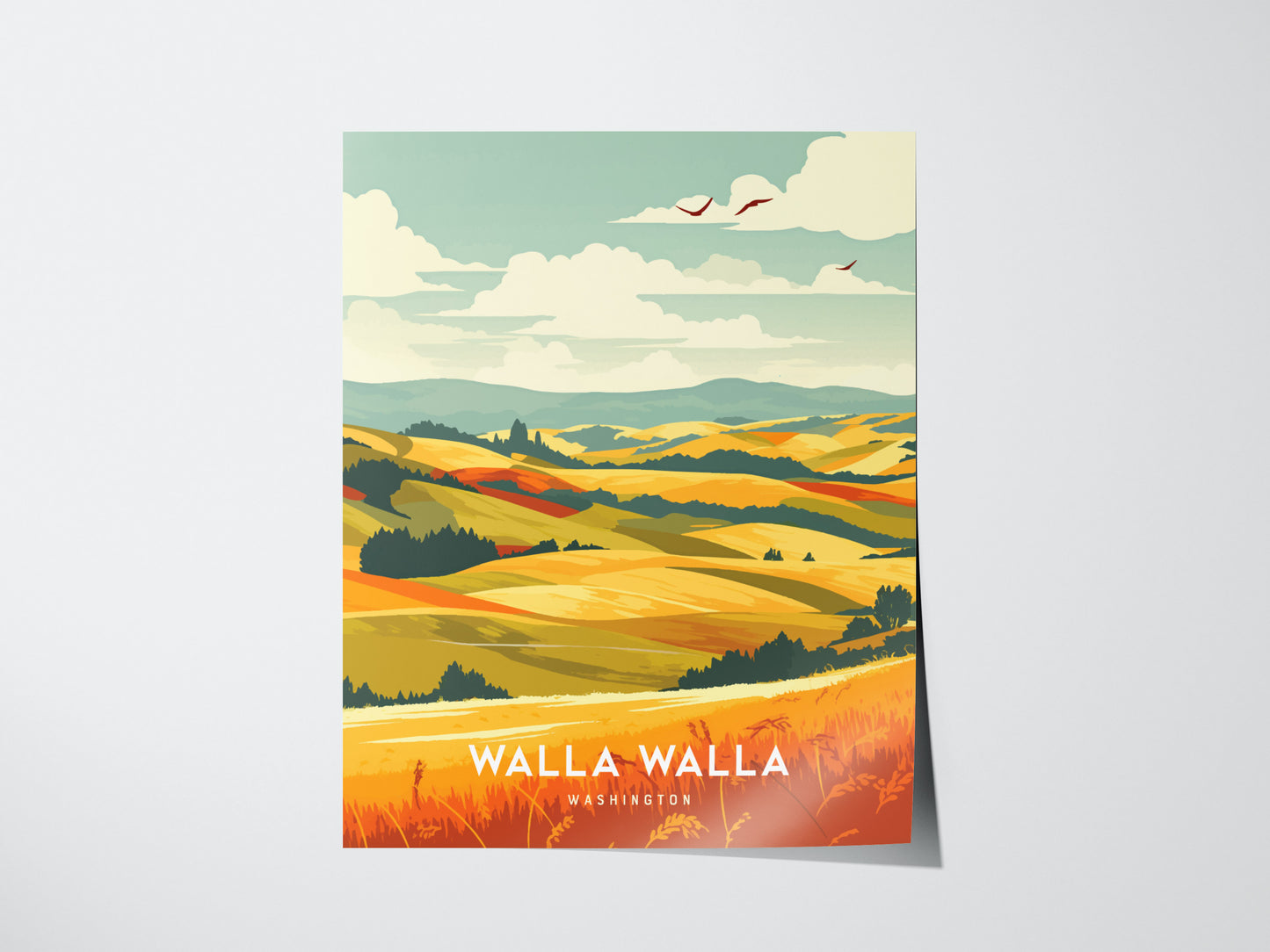 Illustrated poster of Walla Walla, Washington, showcasing rolling golden hills and lush greenery under a cloudy sky with birds in flight. The vibrant landscape captures a serene countryside scene.