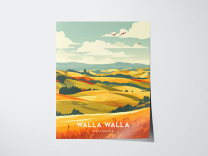 Illustrated poster of Walla Walla, Washington, showcasing rolling golden hills and lush greenery under a cloudy sky with birds in flight. The vibrant landscape captures a serene countryside scene.