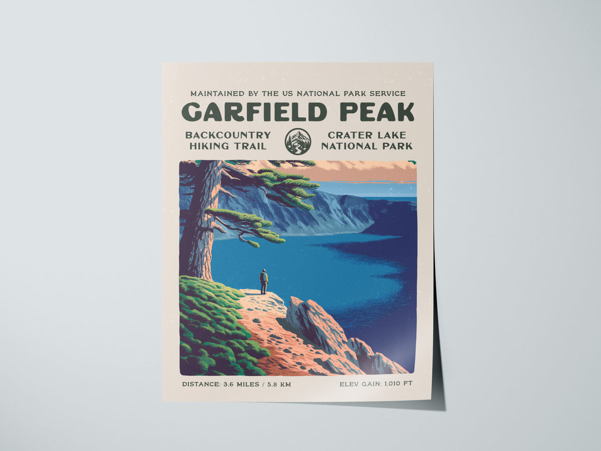 Garfield Peak, Crater Lake National Park Poster | Hiker Gift | Backcountry Trail Wall Art — giclée print detail on matte pape