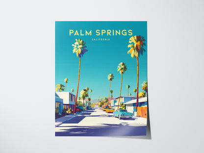 A vibrant poster of Palm Springs, California, features tall palm trees lining a sunlit street with classic cars, against a bright blue sky. Mid-century modern homes are visible.