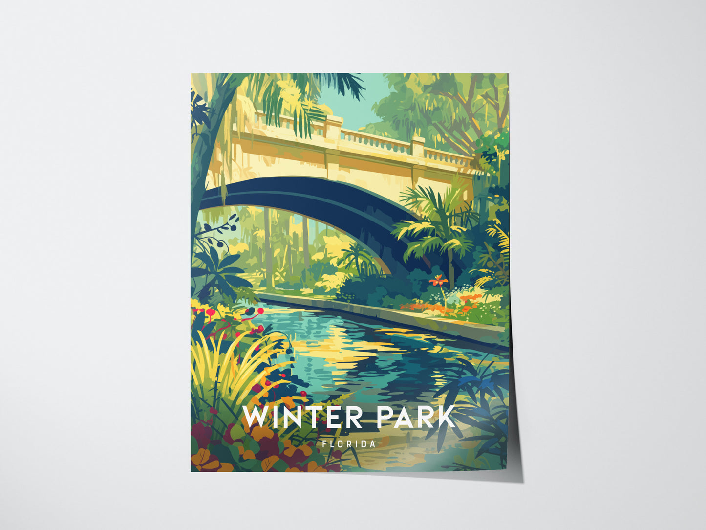 A colorful illustration of a lush garden with a stream flowing under an arching bridge, surrounded by vibrant vegetation. The words Winter Park Florida are displayed at the bottom.