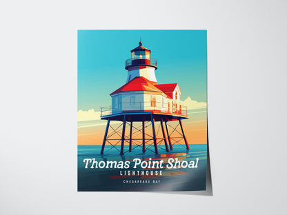A colorful poster of Thomas Point Shoal Lighthouse, featuring its red roof and white structure on stilts, set against a vivid blue and orange sky over Chesapeake Bay.