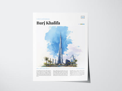 Watercolor illustration of the Burj Khalifa in Dubai with a blue sky background, featuring palm trees and surrounding architecture. The text Burj Khalifa is prominently displayed above.