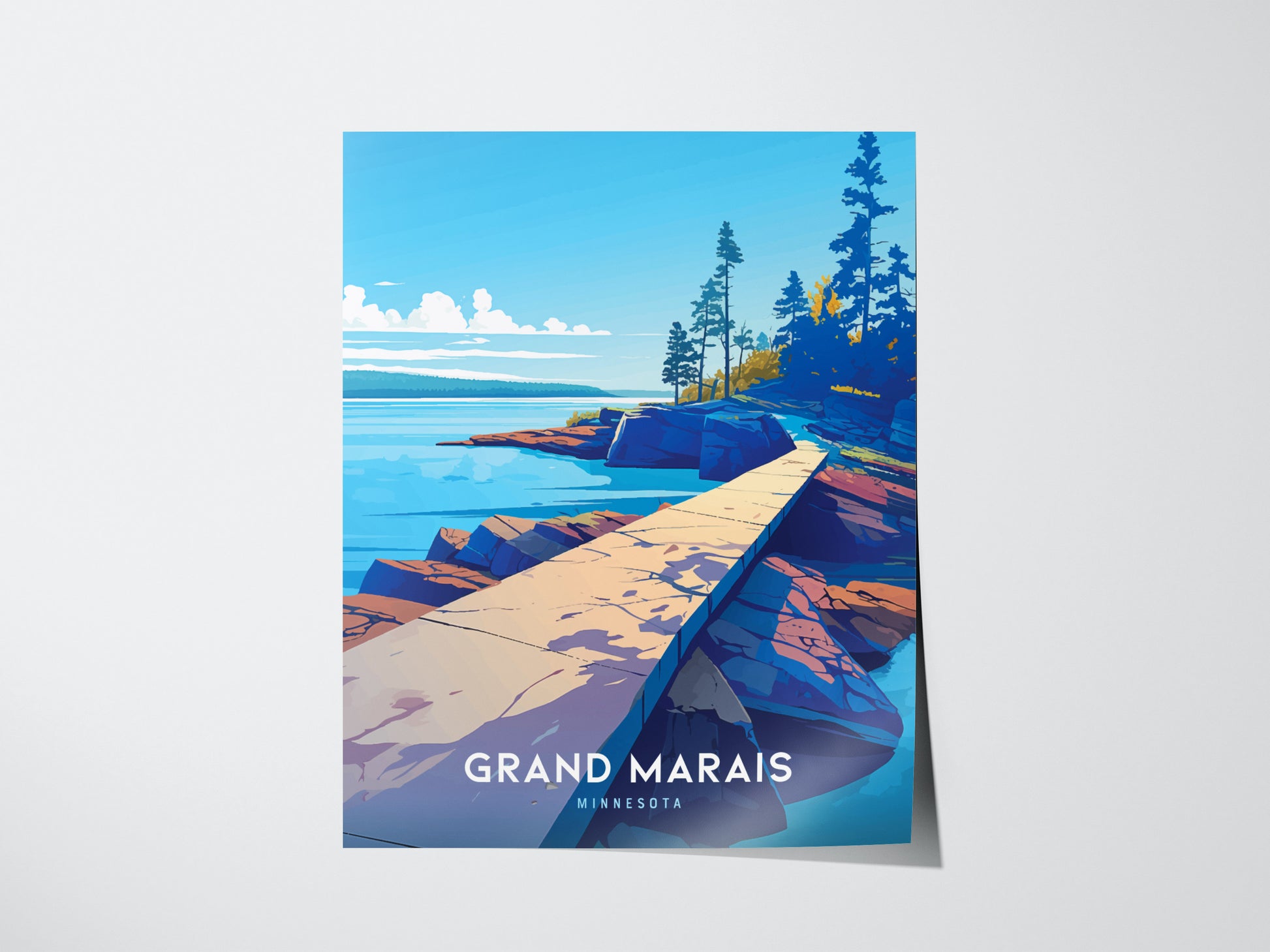 A vibrant poster of a coastal scene at Grand Marais, Minnesota, featuring a pathway along rocky shores with tall pine trees under a bright blue sky.
