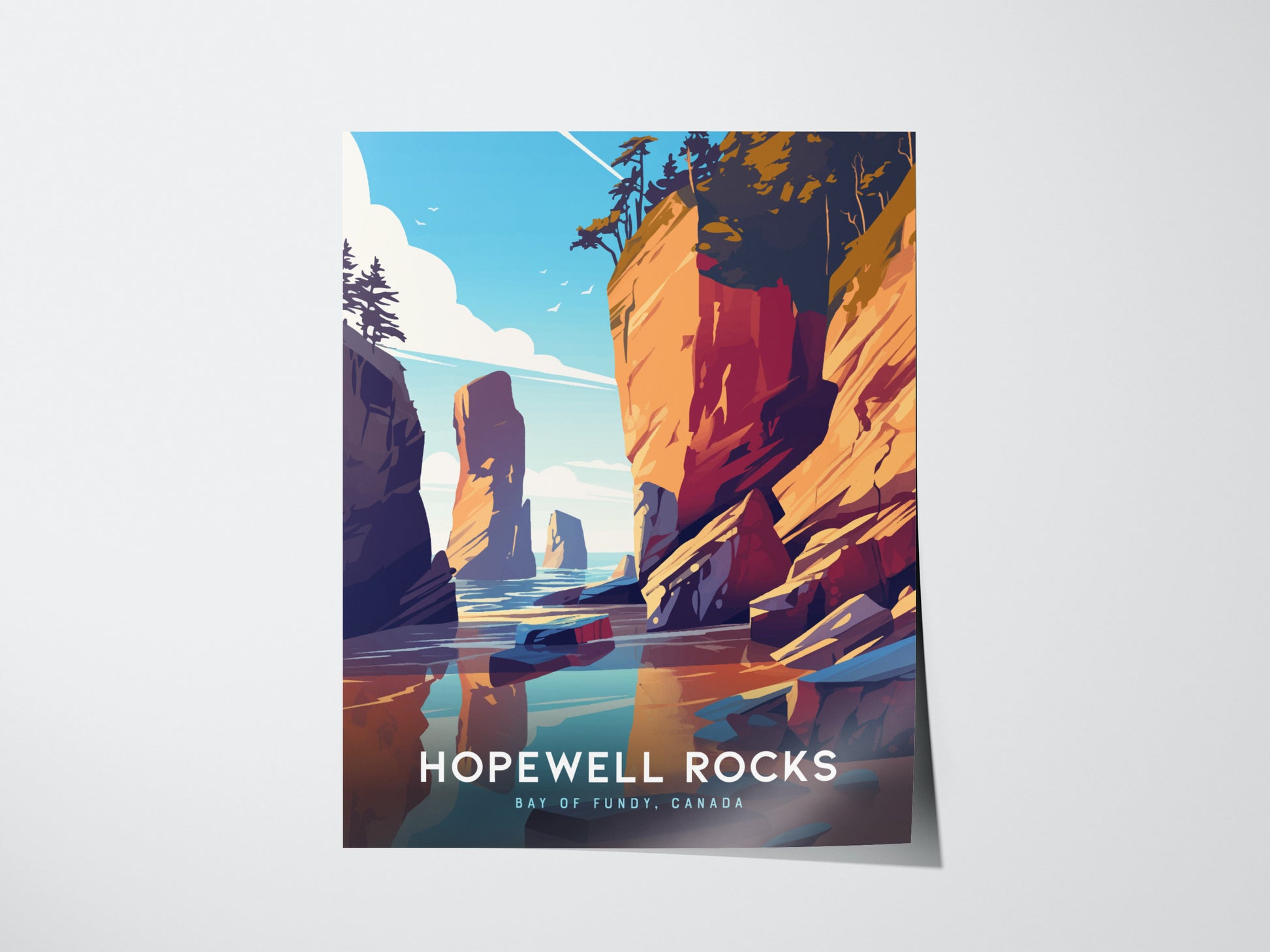 A colorful poster of Hopewell Rocks in the Bay of Fundy, Canada, featuring dramatic red sandstone cliffs and vibrant blue waters under a clear sky.