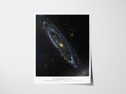 Andromeda Galaxy poster featuring NASA-inspired view of spiral galaxy Messier 31 with bright core and sweeping arms