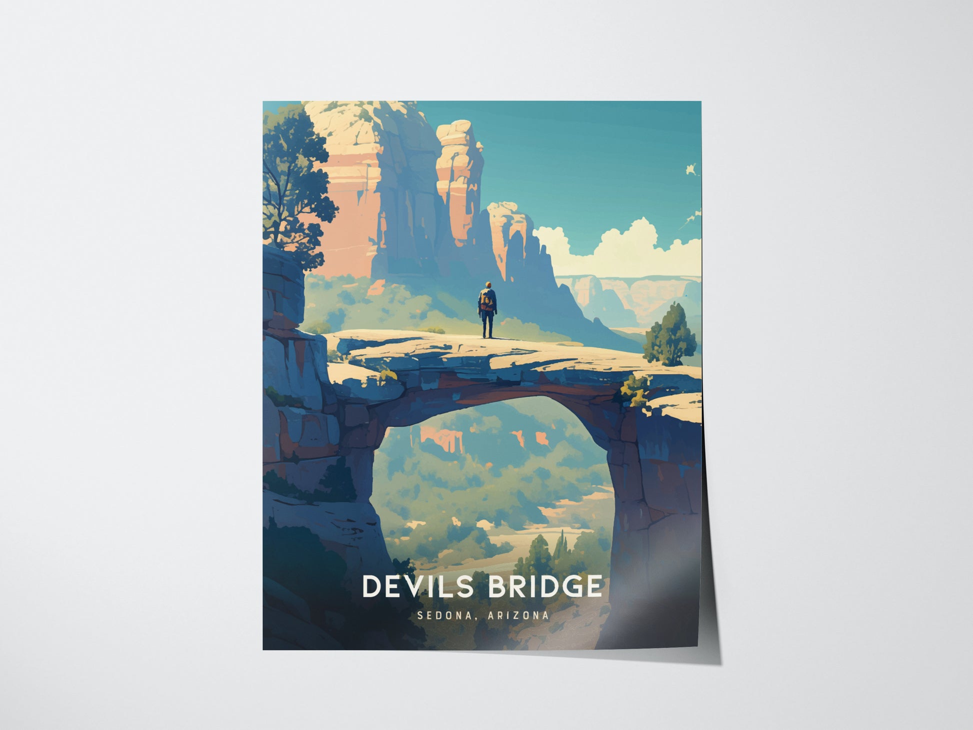 A poster of Devils Bridge in Sedona, Arizona, depicting a person standing on the natural sandstone arch surrounded by vivid desert hues and rugged cliffs.