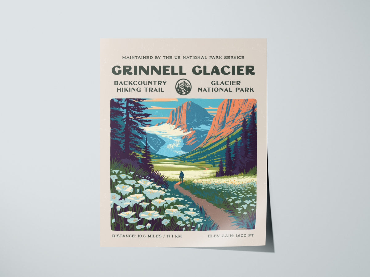 Grinnell Glacier, Glacier National Park Poster | Hiker Gift | Backcountry Trail Wall Art — giclée print detail on matte paper
