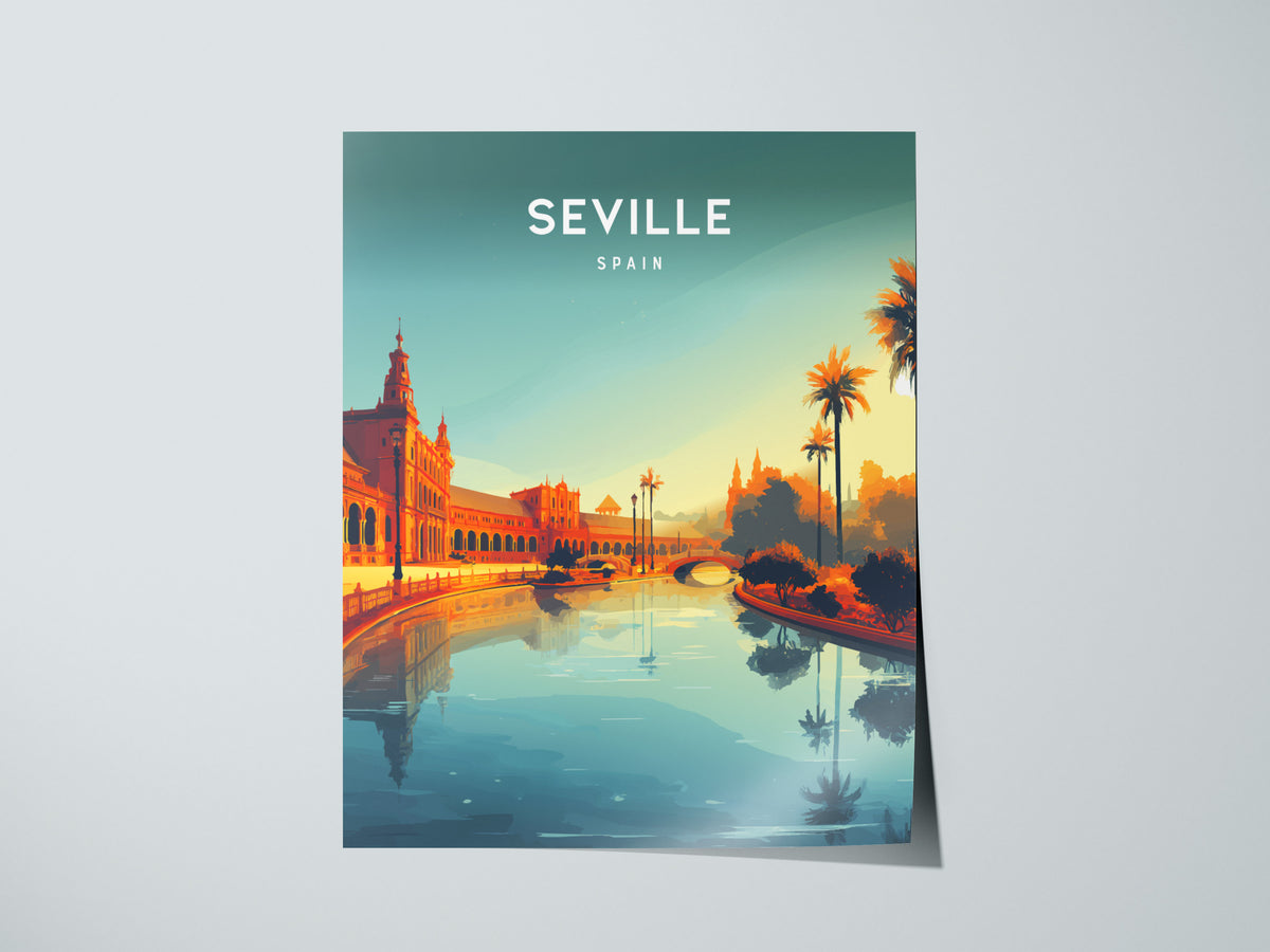 A vibrant poster of Seville, Spain, featuring a serene river reflecting the colorful buildings and palm trees along its banks. The sky transitions from deep blue to warm orange, capturing the charm of the city at sunset.
