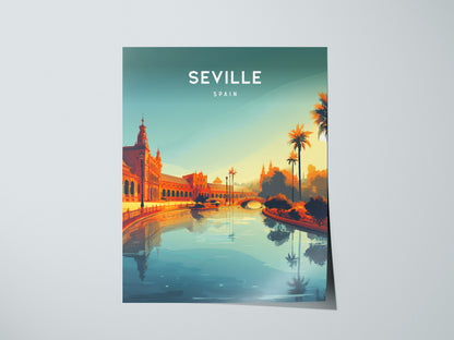 A vibrant poster of Seville, Spain, featuring a serene river reflecting the colorful buildings and palm trees along its banks. The sky transitions from deep blue to warm orange, capturing the charm of the city at sunset.