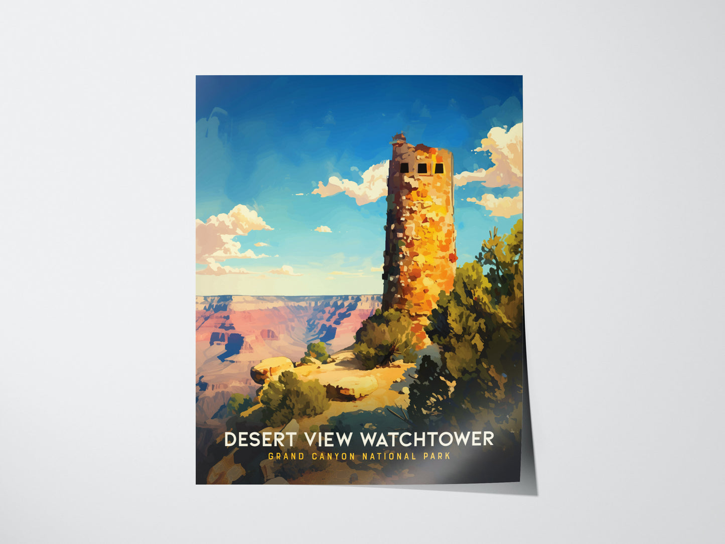 A poster featuring the Desert View Watchtower against a vibrant blue sky with scattered clouds, overlooking the Grand Canyon. Text reads Desert View Watchtower Grand Canyon National Park.