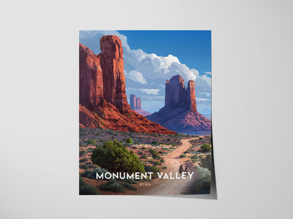 A poster of Monument Valley features dramatic red sandstone mesas under a vibrant blue sky with clouds. Monument Valley, Utah is written at the bottom, enhancing the scenic view.