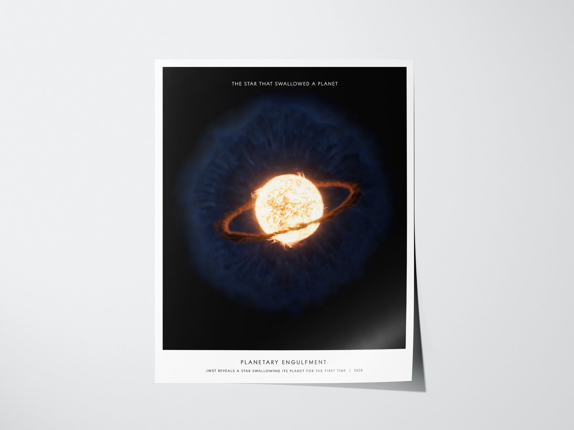 Planetary Engulfment poster featuring James Webb Space Telescope illustration of a star swallowing a planet