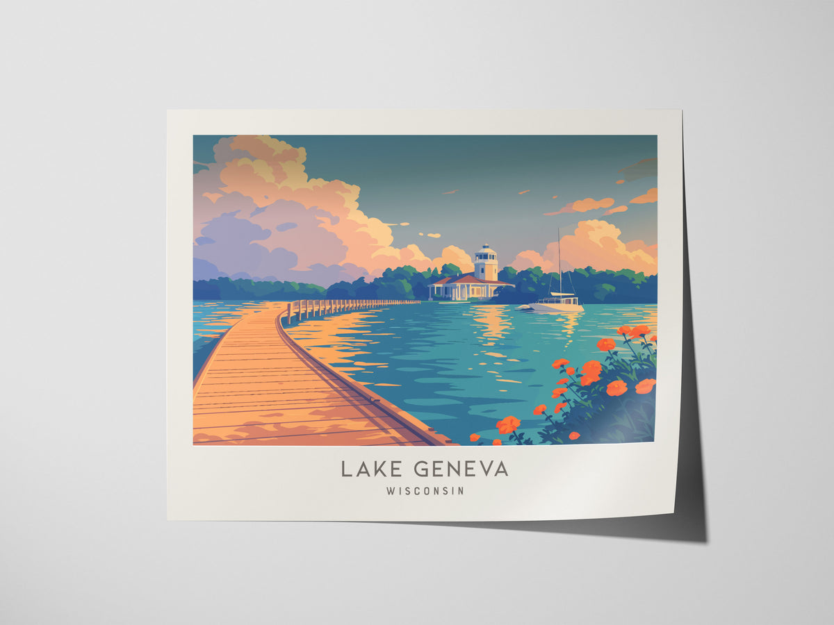 Lake Geneva Landscape Matte Border Poster | Wisconsin Vacation Wall Art — giclée print detail on matte paper