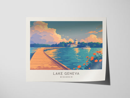 Lake Geneva Landscape Matte Border Poster | Wisconsin Vacation Wall Art — giclée print detail on matte paper