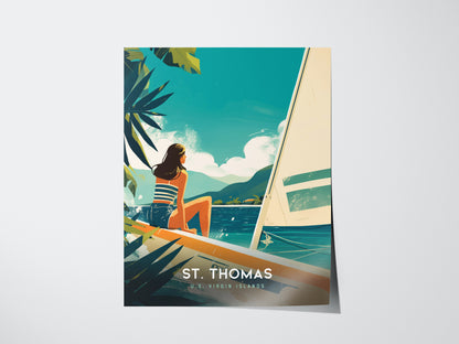 A woman in a striped shirt sits on a boat overlooking turquoise waters and mountains, with palm leaves framing the scene. Text reads St. Thomas, U.S. Virgin Islands.
