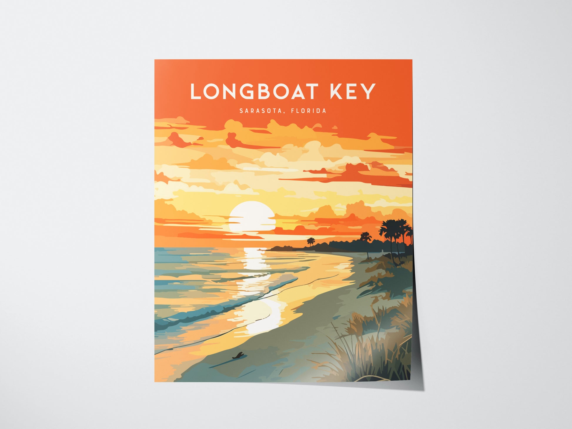 A vibrant poster depicting a sunset over Longboat Key in Sarasota, Florida. The image features a serene beach scene with sea oats, palm trees, and waves reflecting the warm hues of the setting sun.