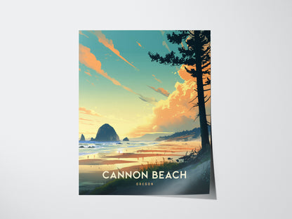 A colorful poster of Cannon Beach, Oregon, featuring Haystack Rock, sandy shores, and vibrant sunset skies with silhouetted trees in the foreground.