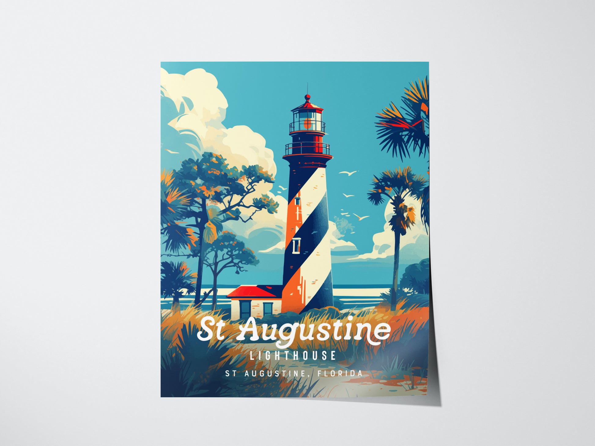 A vibrant poster depicts the St. Augustine Lighthouse with its iconic black and white spiral design, surrounded by palm trees under a blue sky. The text St Augustine Lighthouse, St Augustine, Florida is displayed at the bottom.