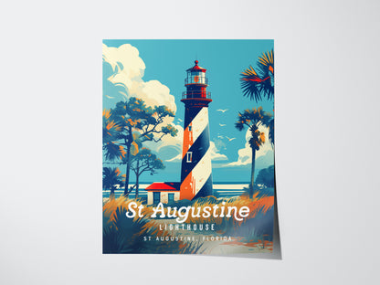 A vibrant poster depicts the St. Augustine Lighthouse with its iconic black and white spiral design, surrounded by palm trees under a blue sky. The text St Augustine Lighthouse, St Augustine, Florida is displayed at the bottom.